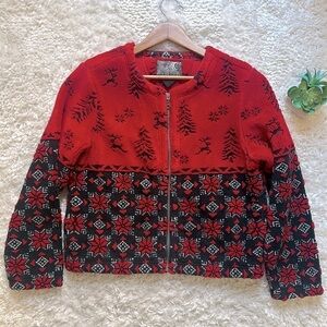 Tsunami red black reindeer snowflake zip festive fleece sweater cardigan jacket